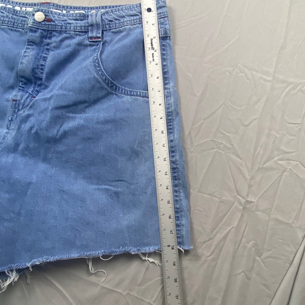 A-Lab Womens Y2K Denim Shorts Size 38 Blue Raw Hem Rave Skater Graphic Patch - Picture 11 of 14